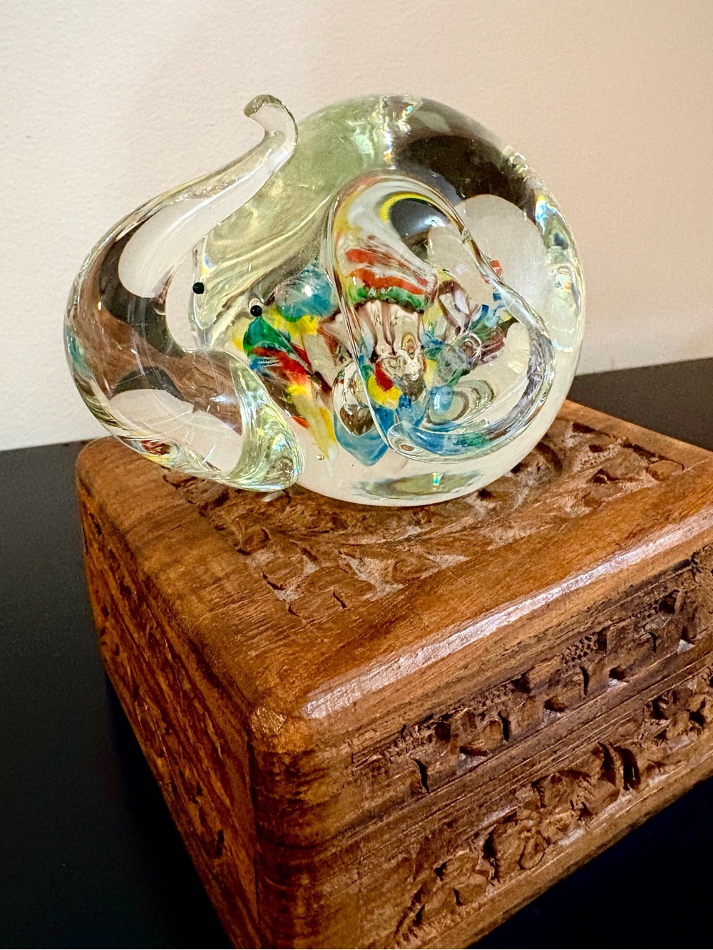 Vintage Ardart Millefiori Hand Blown Clear Glass Art Elephant Paperweight